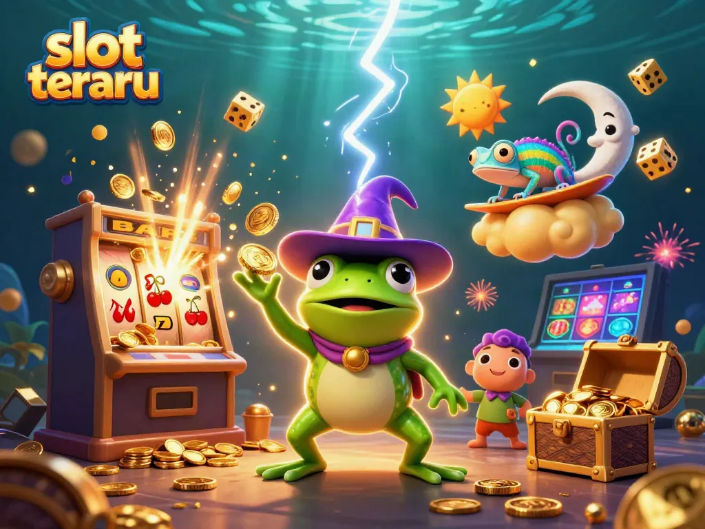 Ilustrasi 3D dari slot terbaru yang menampilkan koin emas dan karakter ceria di latar belakang kasino.