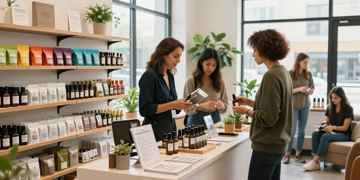 Engaging CBD shop scene with customers exploring premium products.