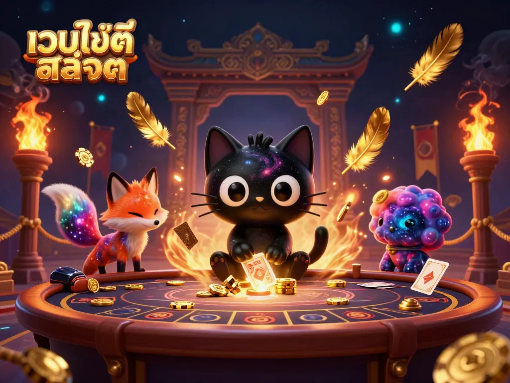 ภาพประกอบของเว็บไซต์สล็อต มีแมวหลุมดำและสุนัขจิ้งจอกในคาสิโนจักรวาล