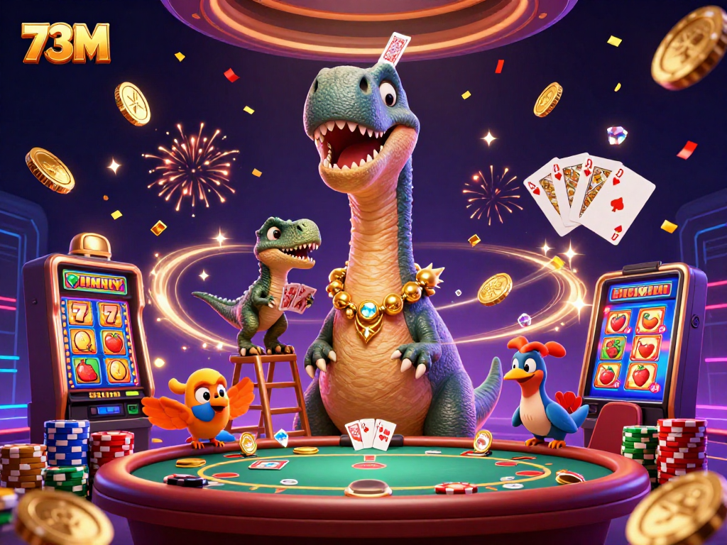 Ilustração 3D vibrante mostrando um dinossauro brontosaurus do 73M jogando cartas em um cassino cheio de emoção.