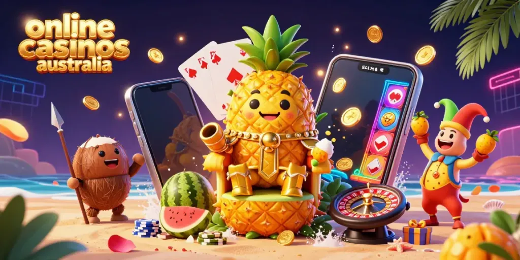 Explore exciting online casinos Australia with a scene showcasing a pineapple king and vibrant casino elements.