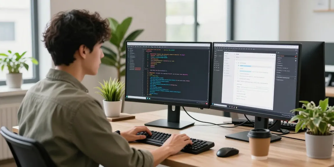 Developer coding on dual monitors in a bright office with 纸飞机中文版 software applications.