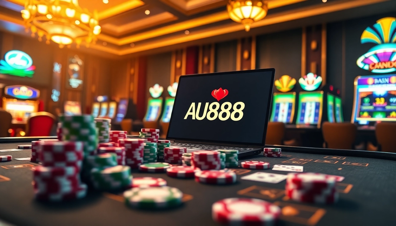 Experience the thrill of Nhà cái AU88, showcasing vibrant casino elements like poker chips and cards.