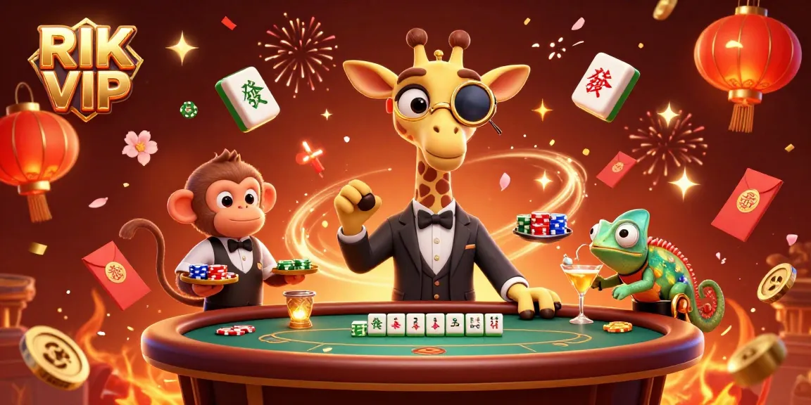 RIK VIP casino experience with a high-roller giraffe and festive elements in a lively atmosphere
