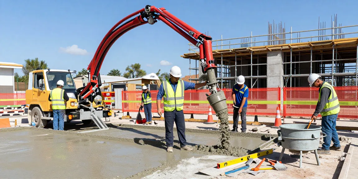 NAGA2000 concrete pump in use at a construction site with workers pouring concrete.
