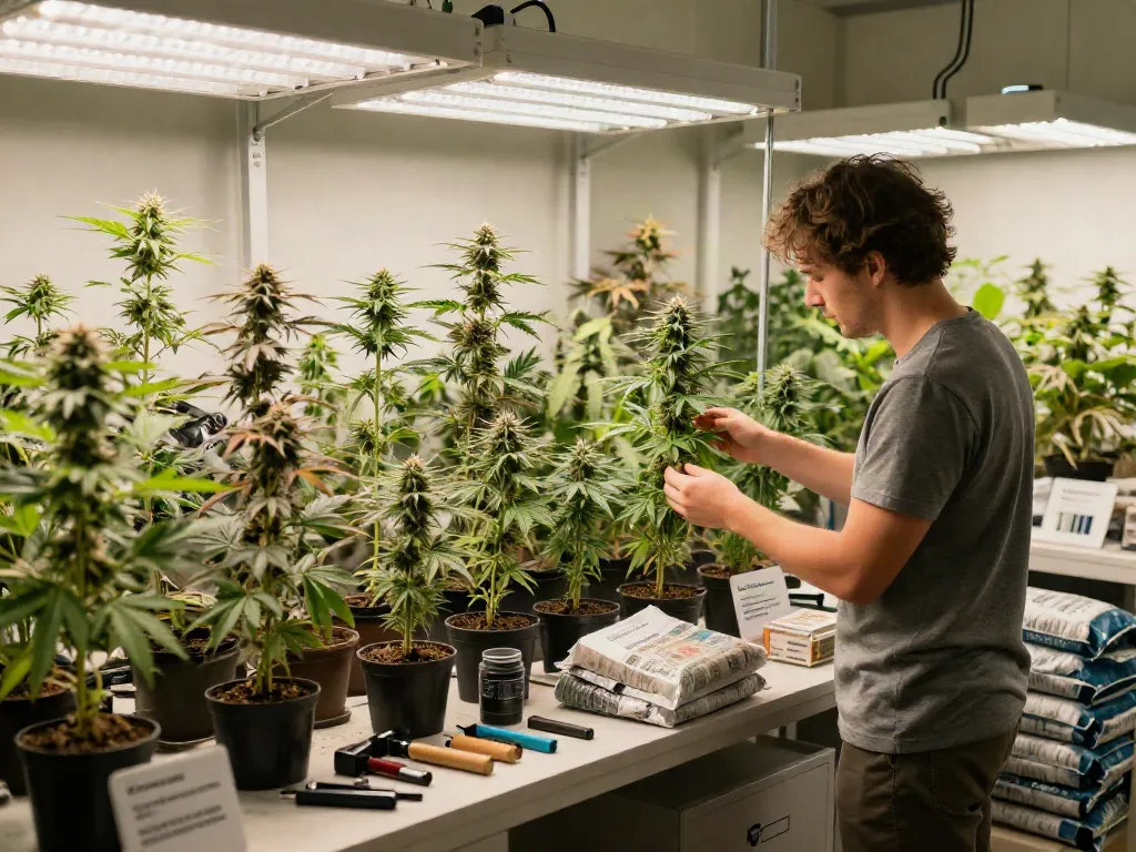 A gardener inspecting vibrant marijuana seed varieties in a well-lit grow room, showcasing thriving cannabis plants and organized gardening tools.
