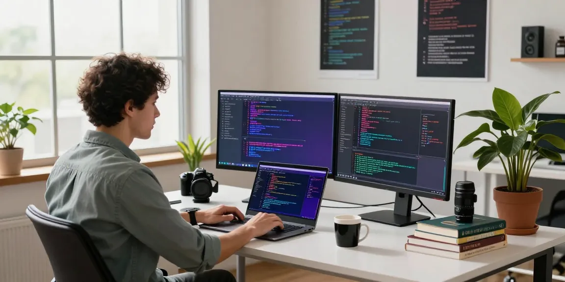 Developer coding in a tech workspace with dual monitors, showcasing 纸飞机中文版 and innovative software.