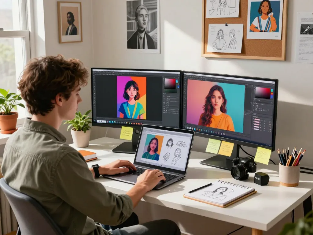 User editing images with Nano Banana Pro AI in a cozy home office, showcasing creativity and innovation.