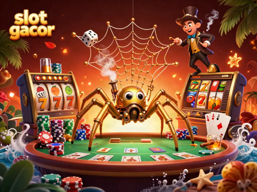 Menang besar di slot gacor dengan ilustrasi 3D yang menampilkan spiderman steampunk dan simbol slot.