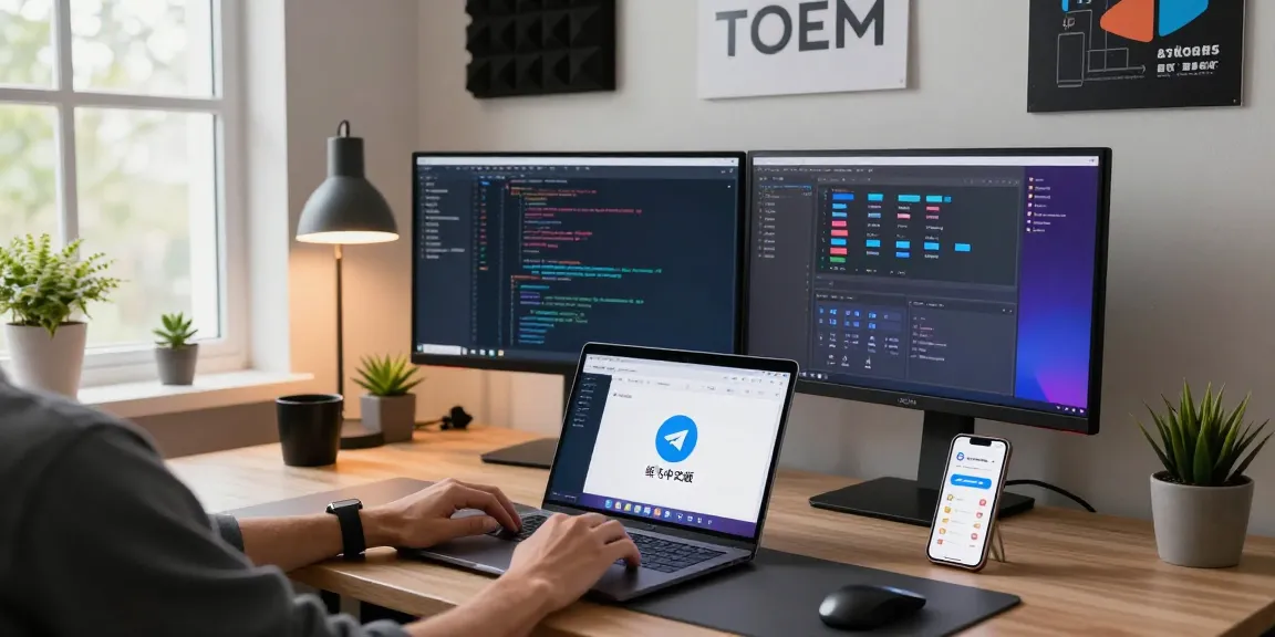 Engaged user utilizing 纸飞机中文版 app in a modern tech workspace, showcasing connectivity and digital communication.
