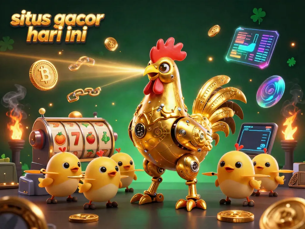 Temukan situs gacor hari ini dengan slot menarik dan robot ayam modern dalam ilustrasi 3D.