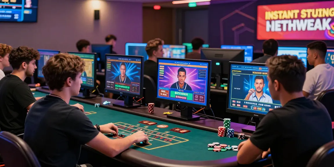Scène de casino en ligne avec retrait instantané où des joueurs enthousiastes profitent de jeux en direct et de retraits d'argent instantanés.