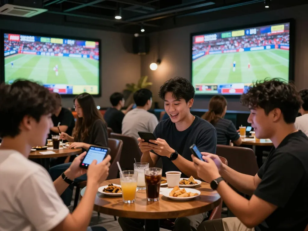 Fun88 players engaging in live sports betting at a vibrant venue filled with excitement.