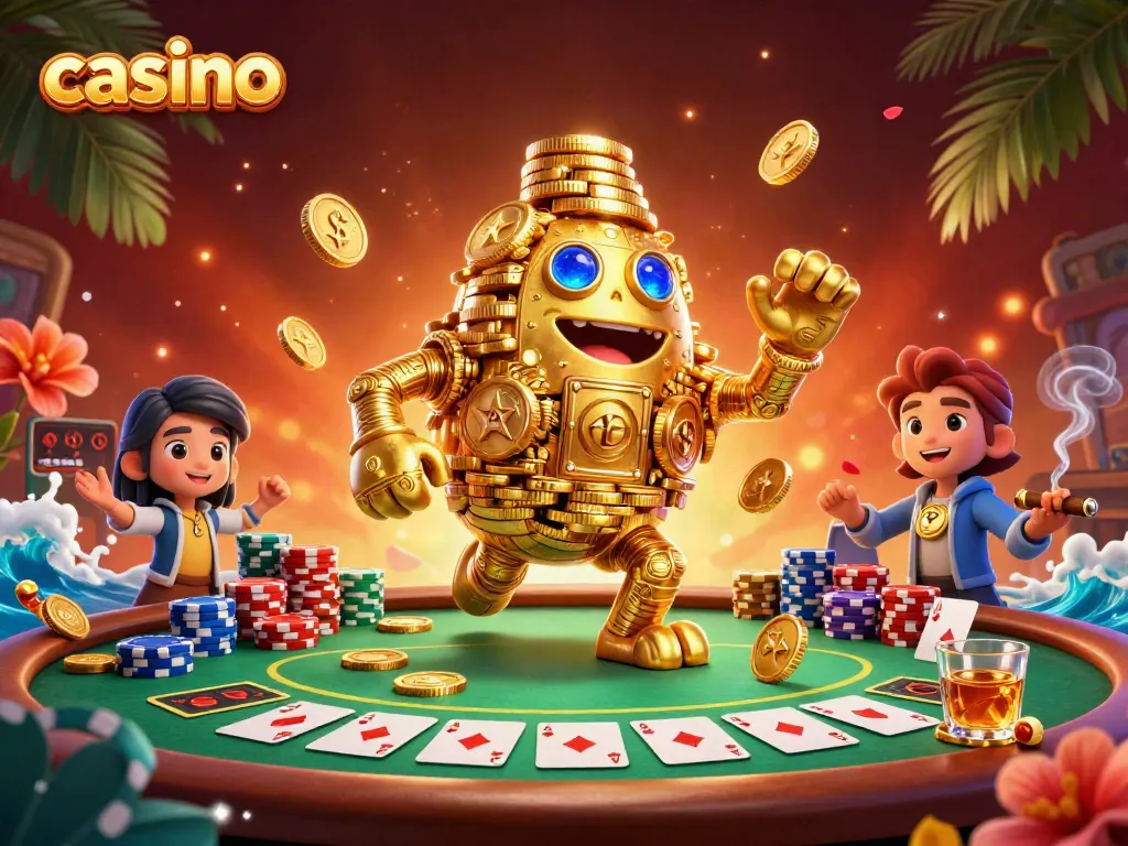 Experience exciting casino action with a golden golem amid vibrant poker elements.