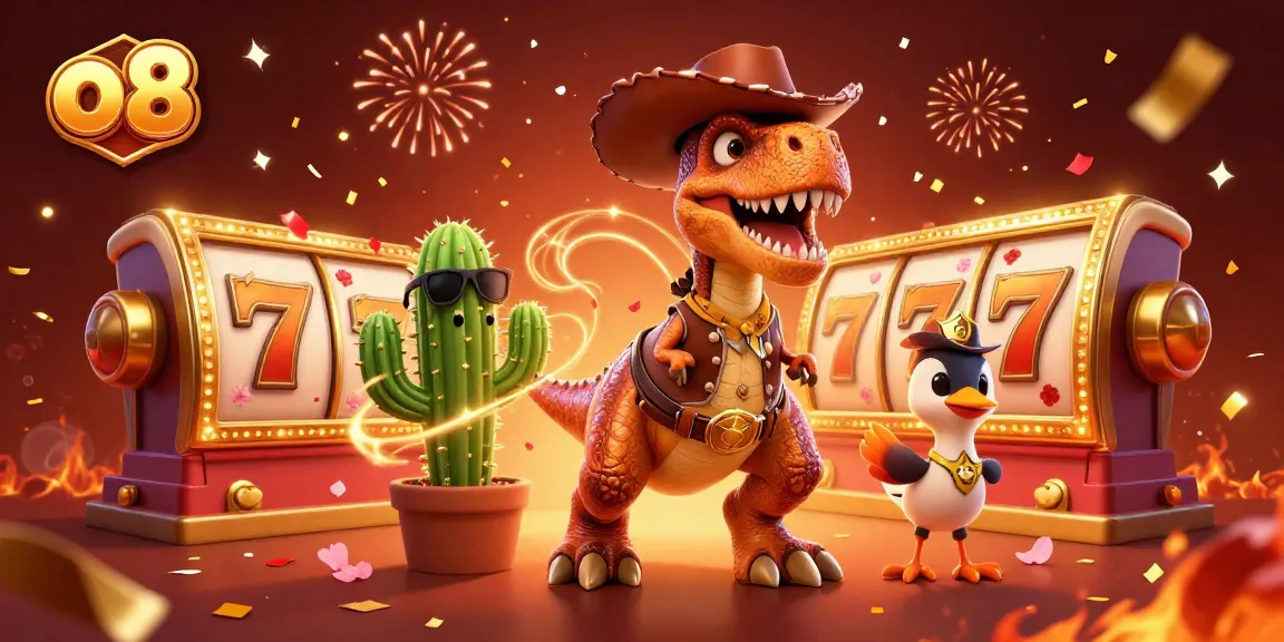 Engage with the diverse gaming world at o8 with vibrant slot reels and a lively cowboy dinosaur.