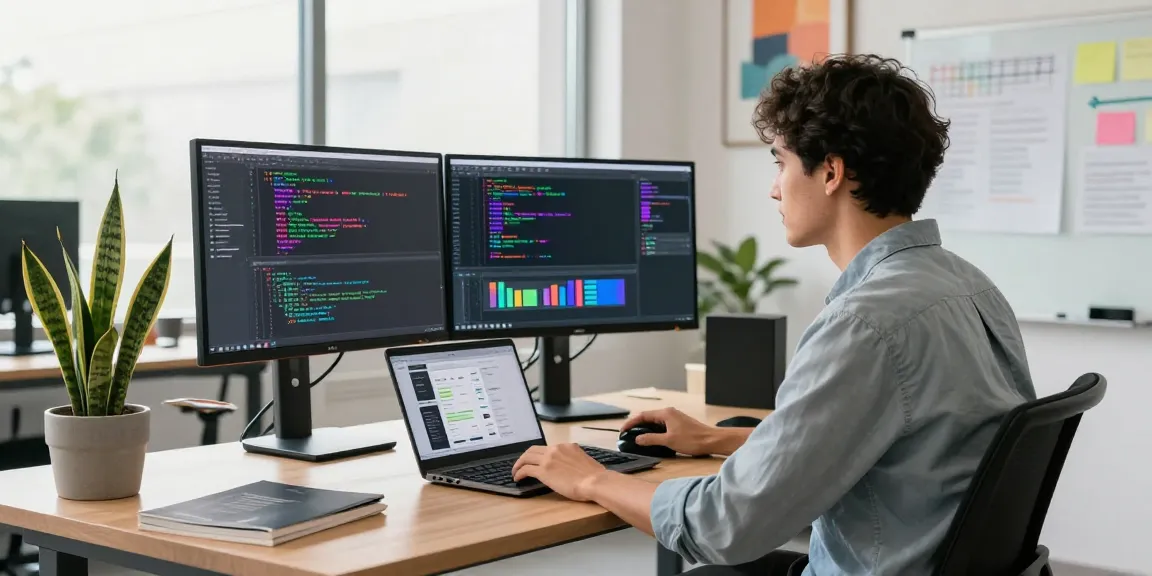 Developer coding in a modern workspace for 纸飞机中文版, showcasing tools and a vibrant atmosphere.