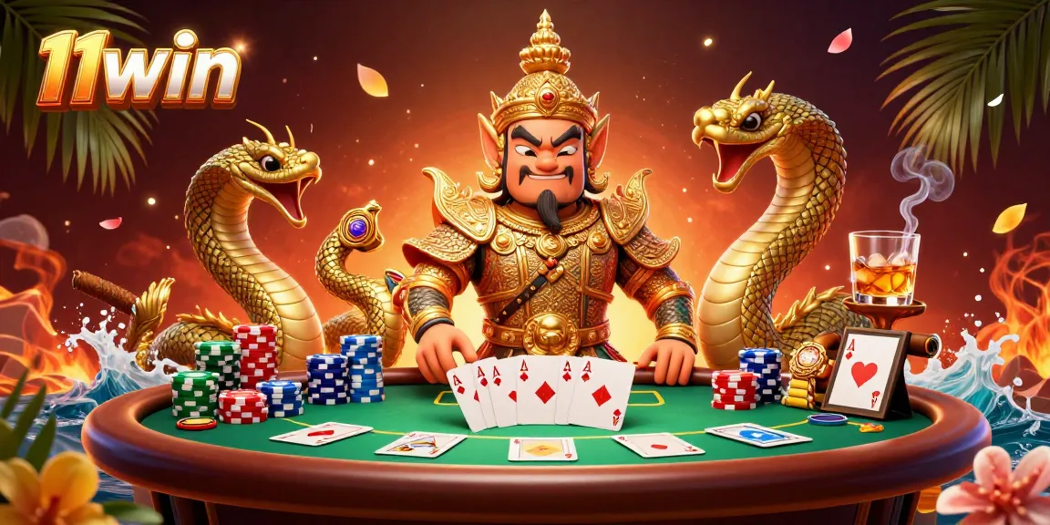 Experience thrilling poker excitement with 11win featuring a vibrant scene of card games and casino elements.