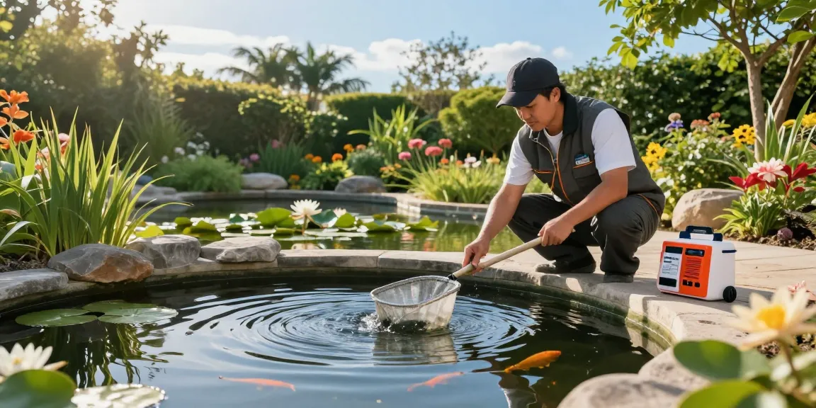 Professional Pond Cleaning Kent expert meticulously maintaining a tranquil garden pond surrounded by lush greenery.
