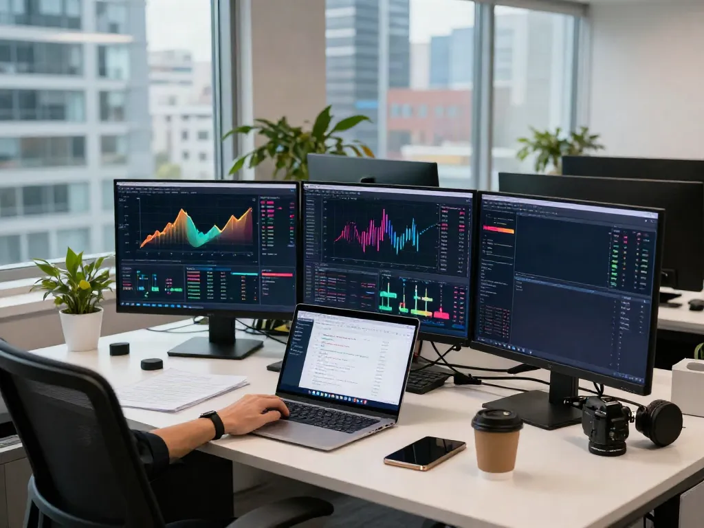 Dynamic trading environment showcasing real-time 股票历史数据接口 on multiple screens, highlighting cryptocurrency analytics and blockchain technology.