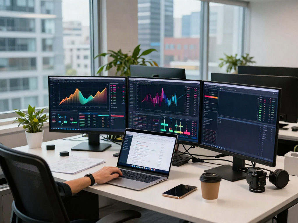 Dynamic trading environment showcasing real-time 股票历史数据接口 on multiple screens, highlighting cryptocurrency analytics and blockchain technology.