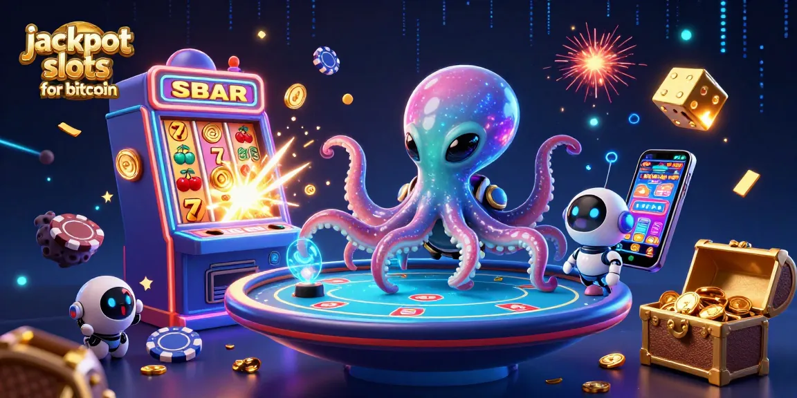 Experience jackpot slots for bitcoin with an alien octopus at a holographic table surrounded by festive casino elements.