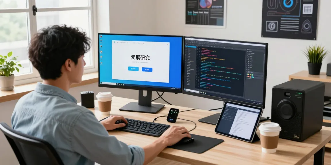 Developer engaging with telegram中文版 on dual monitors in a modern workspace, showcasing productivity and technology.