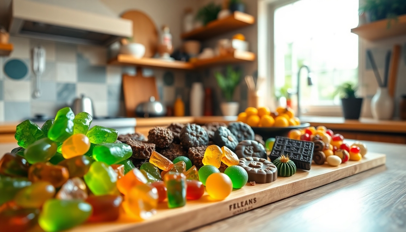 Vibrant and diverse selection of edibles weed showcased in an inviting kitchen setting.