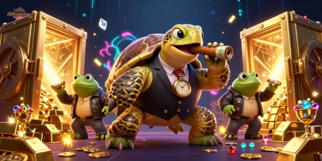 Engage with the stunning ชื่อเกมสล็อต illustration featuring a massive turtle in a mobster suit surrounded by gold and gems.