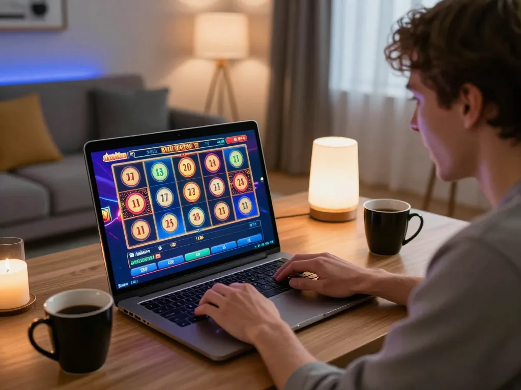 Player enjoying online slot games, spinning reels on colorful interface in cozy home setting