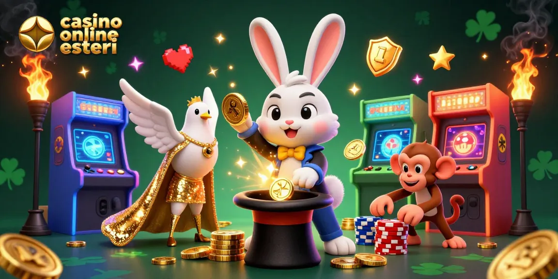 Interagisci con i casino online esteri attraverso questa vivace illustrazione 3D con personaggi magici e monete.