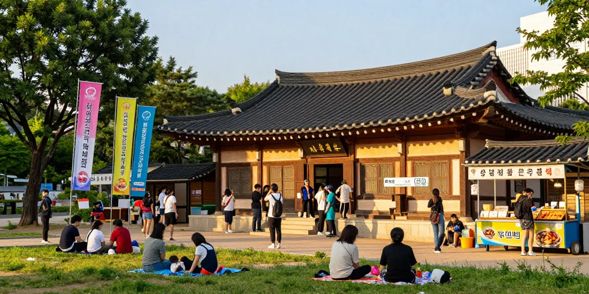 Visitors engaging with 상봉동 한국관, experiencing Korean culture in a vibrant urban setting.