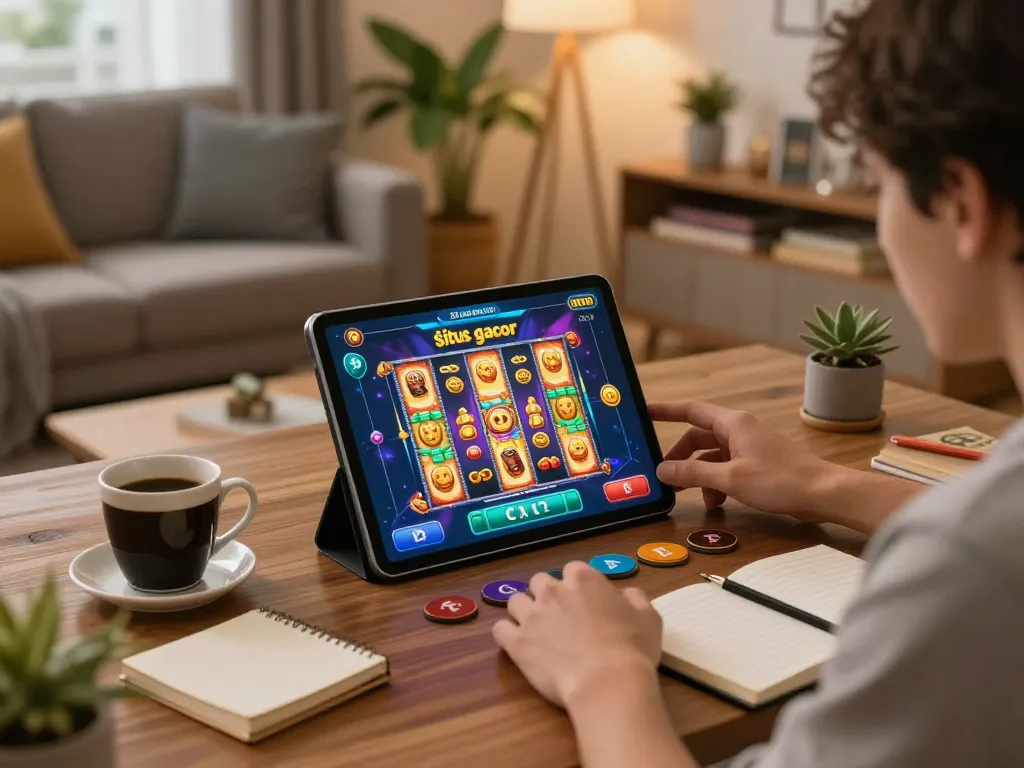 Engaging gameplay on a situs gacor Mahjong slot game on tablet with strategies noted beside.