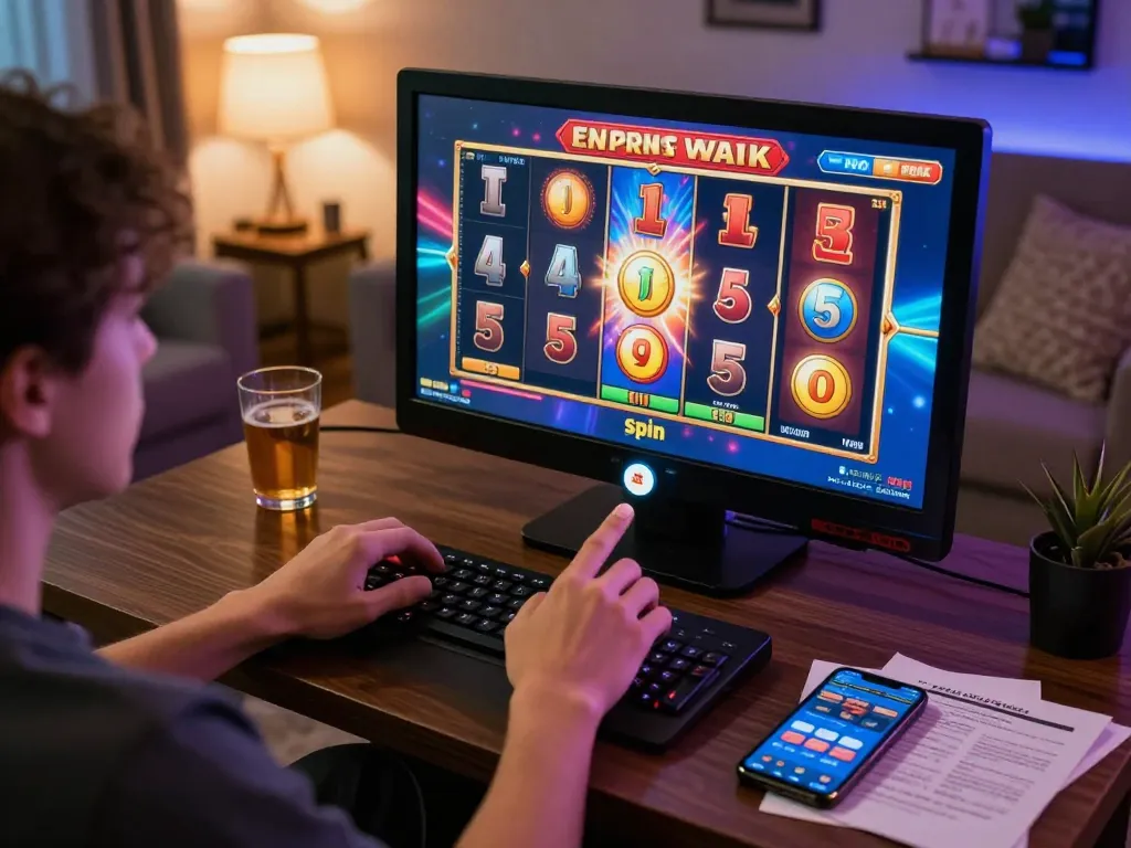 Player engaging with gtatogel slots online from a cozy living room, highlighting a vibrant gaming atmosphere.