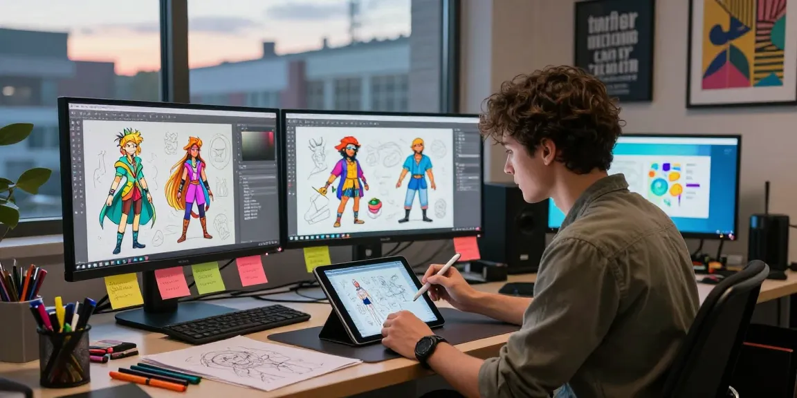 Creative character design workspace showcasing NSFW character AI interactions with digital art and vibrant sketches.