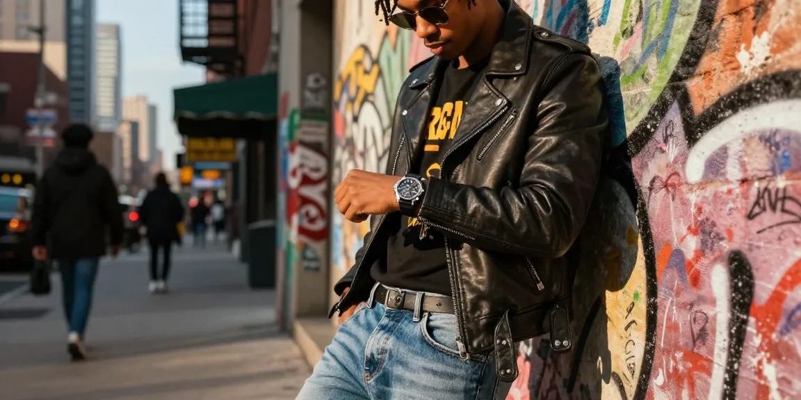 A fashionable individual in a leather jacket checks their replica watch against a vibrant urban backdrop.