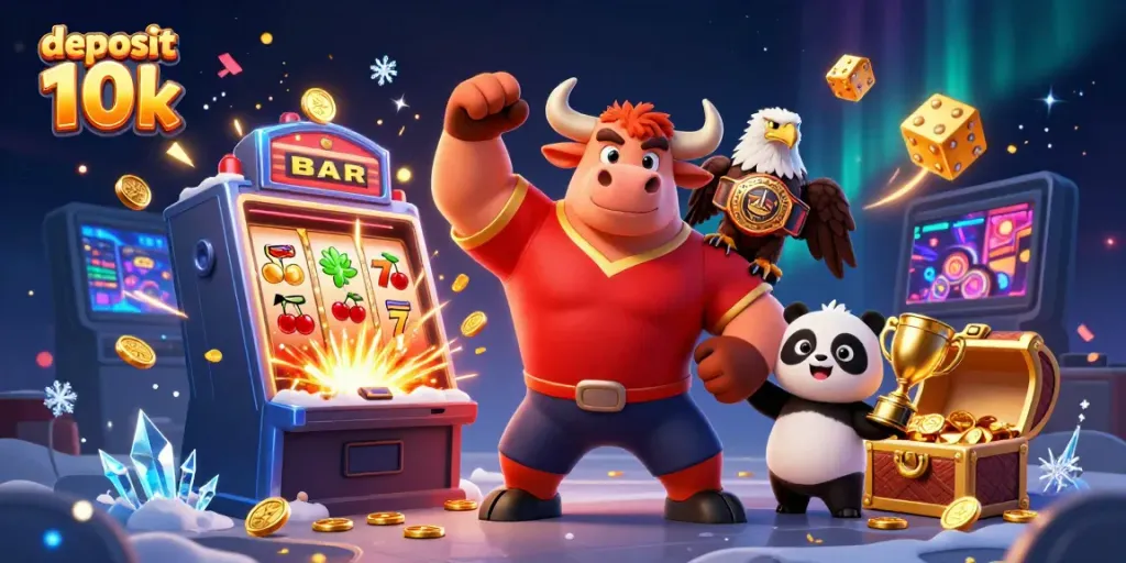 Slot jackpot pengganda deposit 10k dengan karakter kartun berenergi menciptakan suasana menarik.