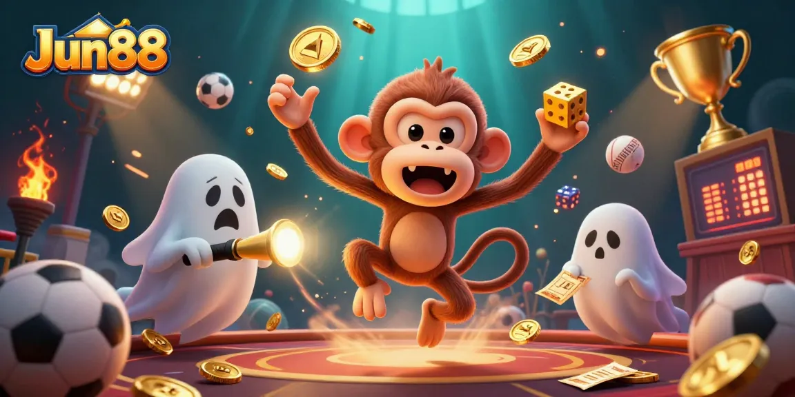 Engage with Jun88's vibrant scene of exhilarating casino action, featuring a playful monkey and an adventurous puppy.