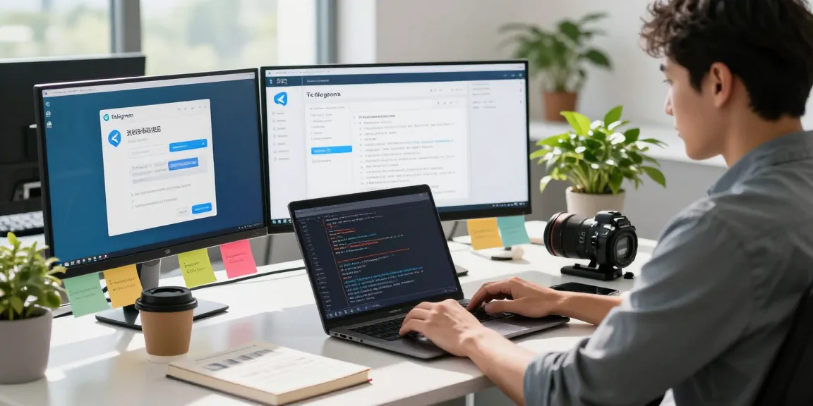 Developer coding on Telegram中文版 in a modern office workspace, showcasing user interface features and a vibrant tech environment.