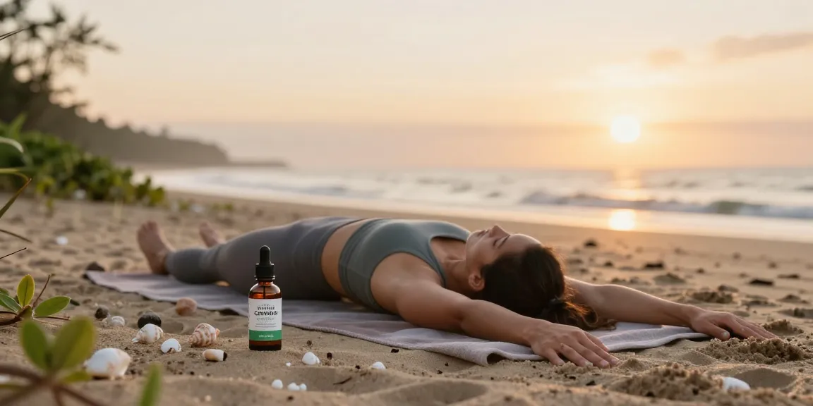 Ministry of Cannabis CBD oil by the beach during sunset in a natural wellness scene.