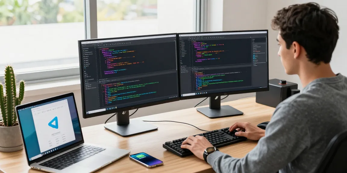 Developer coding telegram中文版 interface in a modern tech office