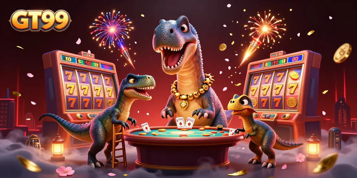 GT99 offers thrilling casino gaming, featuring a giant brontosaurus with vibrant slot reels and explosive fireworks.