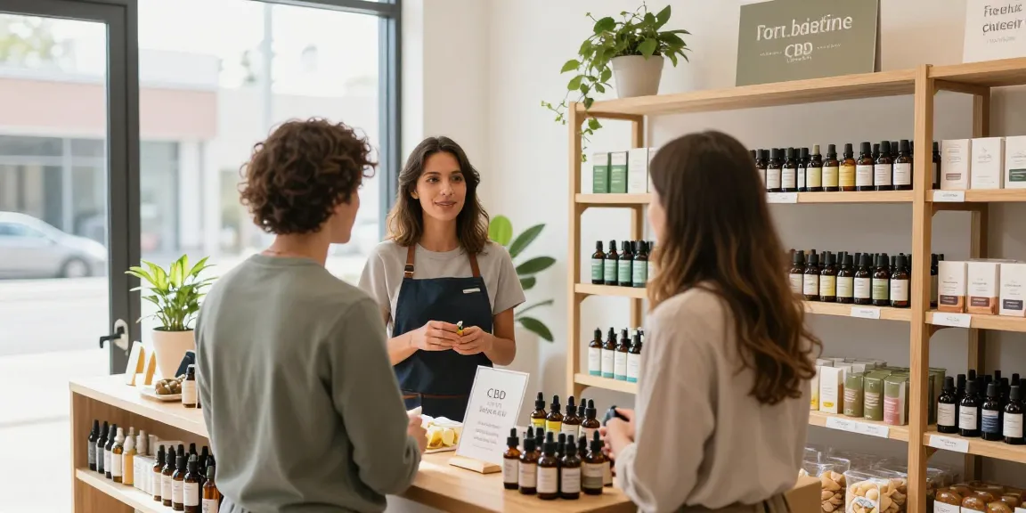 Engaging CBD retail environment showcasing shop cbd oil canada products with staff assisting customers.