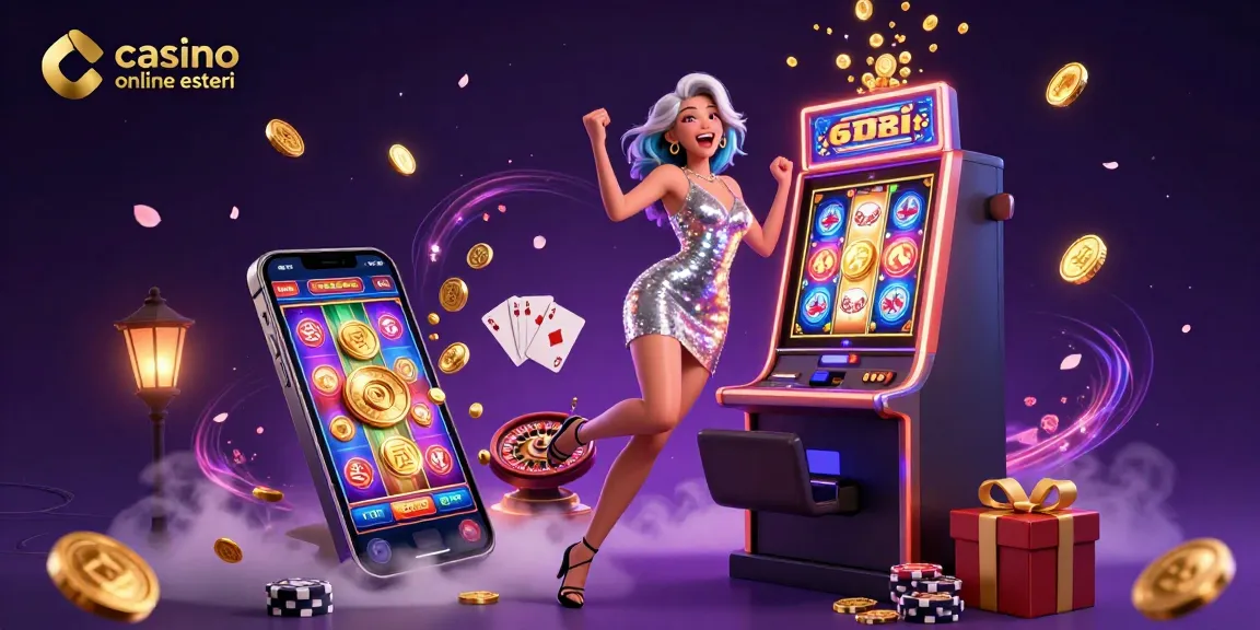 Esplora i casinò online esteri con un'illustrazione accattivante di una donna festosa vicino a una macchina da gioco con jackpot.