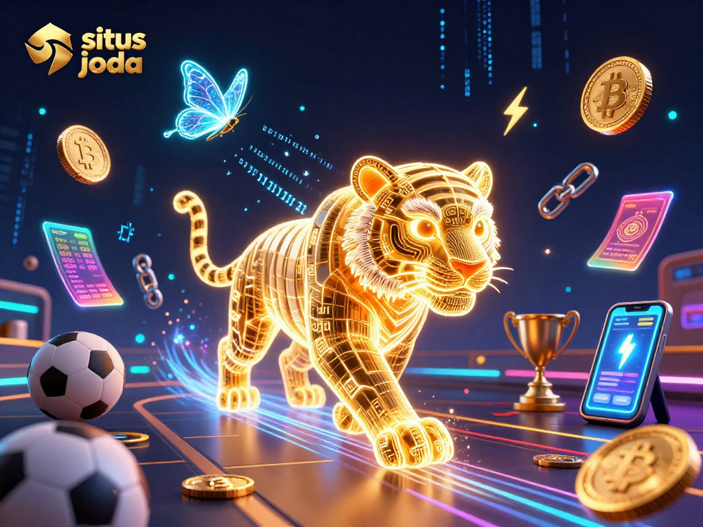 Place bets on situs judi bola with a dynamic digital casino scene featuring a golden tiger.