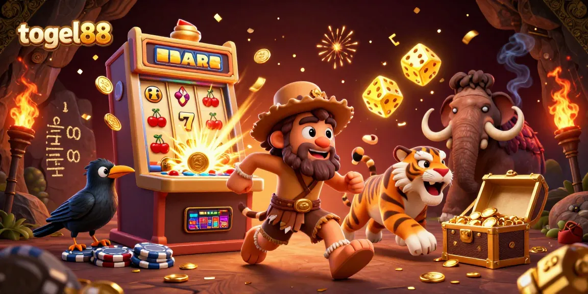Experience excitement at togel88 with 3D cartoon characters in a prehistoric casino setting.