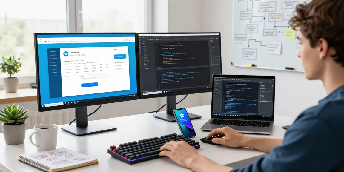 Engaging workspace showing the Telegram Web Version on dual monitors with coding elements and creative notes.