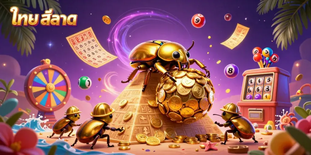 Engage with ไทย สล็อต's vibrant gaming scene featuring golden beetles and bouncing lottery balls.