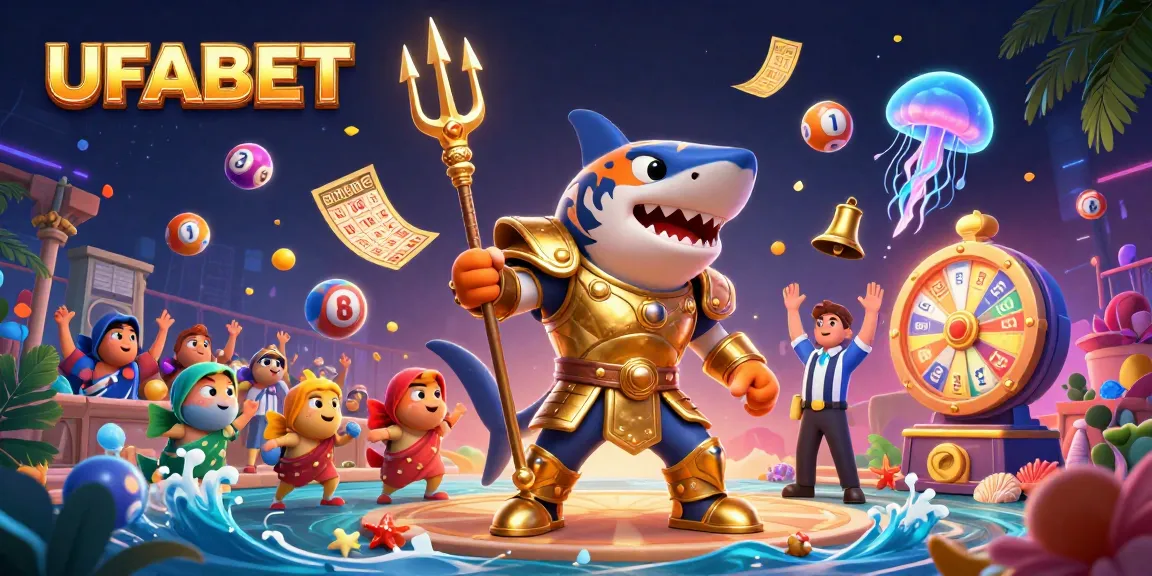 Engage with UFABET's vibrant online casino atmosphere featuring a gladiator shark and colorful gaming elements.