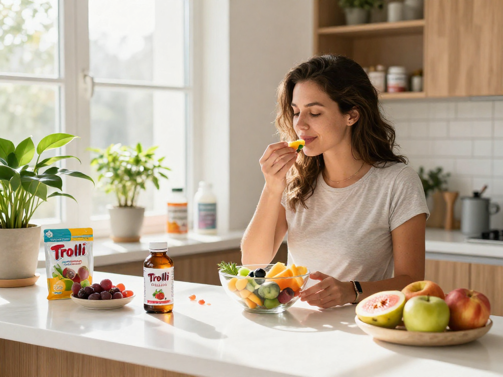Trolli originals gummies alongside CBD oil in a bright kitchen, highlighting natural wellness.