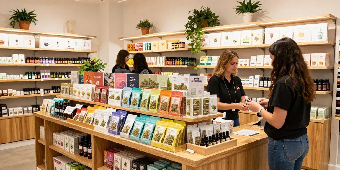 CBD Shop mit bunten CBD Blüten und freundlichem Personal im Geschäft.